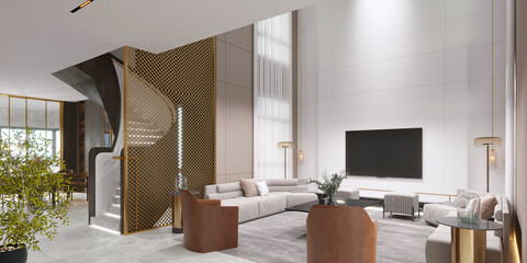 3d render of luxury house interior, living room