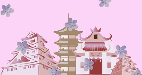 Image of flowers falling over japanese buildings on pink background