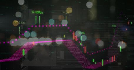 Image of statistics and financial data processing over out of focus city road lights