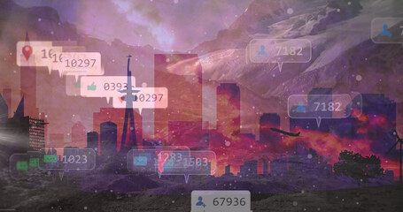 Image of social media icons and numbers over landscape background