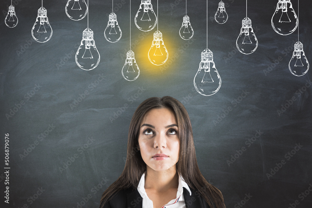 Poster looking for successful business way and creative idea concept with young pensive woman in the center