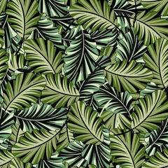 Naklejka na ściany i meble Fashionable, bright seamless background with tropical leaves. Pattern for printing on material and paper.