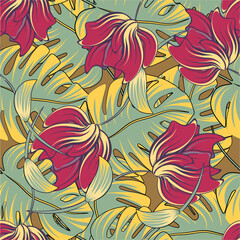 Bright trendy tropical pattern with flowers and leaves.  Graphic arts. Background for printing on fabric and paper.