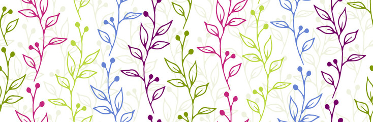 Fototapeta na wymiar Berry bush sprouts natural vector seamless ornament. Gentle floral textile print. Meadow plants leaves and buds wallpaper. Berry bush twigs spring seamless swatch