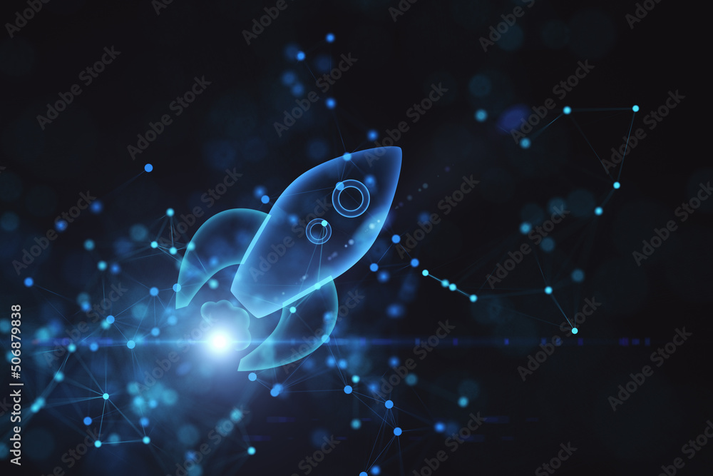 Aufkleber startup and business goal concept with digital rocket illustration flying in space. 3d rendering