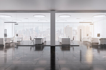Front view on glass doors in spacious coworking office with total white interior design, ceramic tale floor and megapolis city view from glass wall. 3D rendering