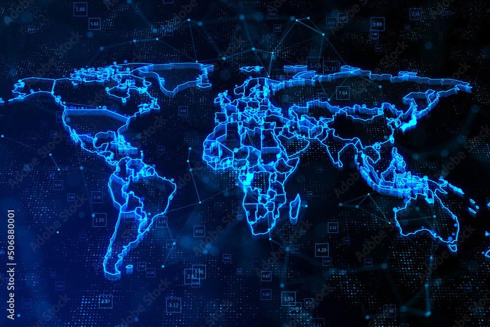 Poster Abstract digital graphic world map with glowing contour line on dark background, big data and information stats concept, greed for landing page. 3D rendering