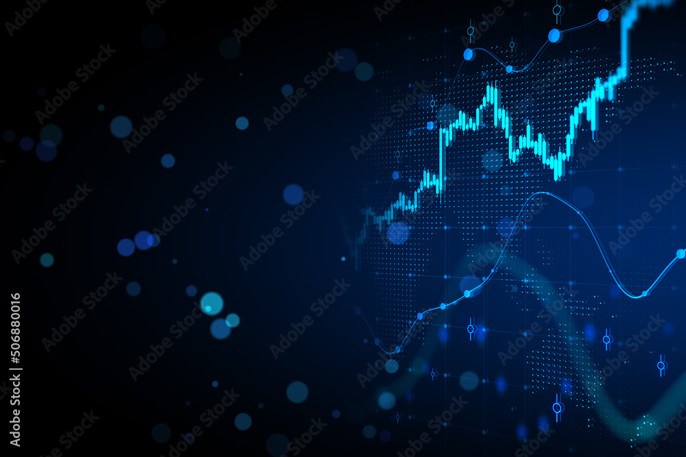 Poster stock market growth and investment concept on abstract blank dark blurred background with bokeh and 