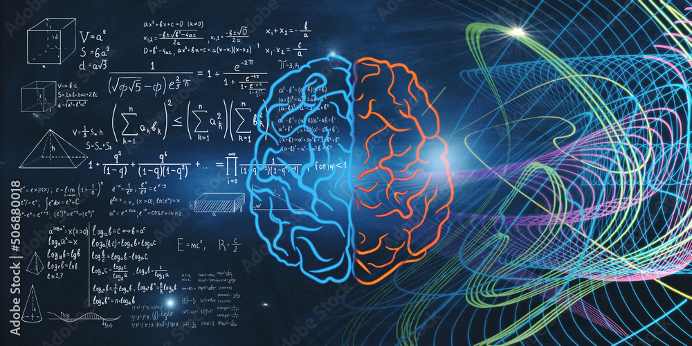 Aufkleber machine learning illustration concept of blue and red brain parts, mathematical formulas and multi-c