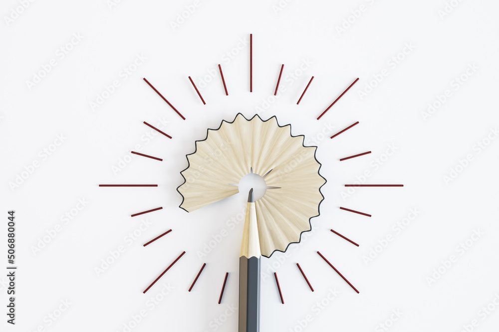 Poster creative idea concept with pencil shavings veiled under a light bulb and pencil on light wallpaper. 