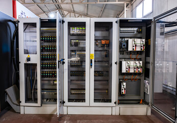 Factory Electric control panel enclosure for power and distribution electricity. Uninterrupted, electrical voltage.