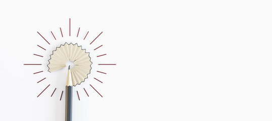 Blank white background with copyspace for your logo and pencil shavings veiled under glowing light bulb, creative idea concept. 3D rendering, mock up