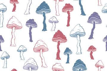 Amanita choky inedible mushrooms seamless pattern vector illustration.