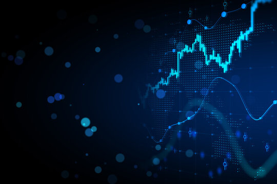 Stock Market Growth And Investment Concept On Abstract Blank Dark Blurred Background With Bokeh And Raising Financial Chart Graphs. 3D Rendering, Mock Up