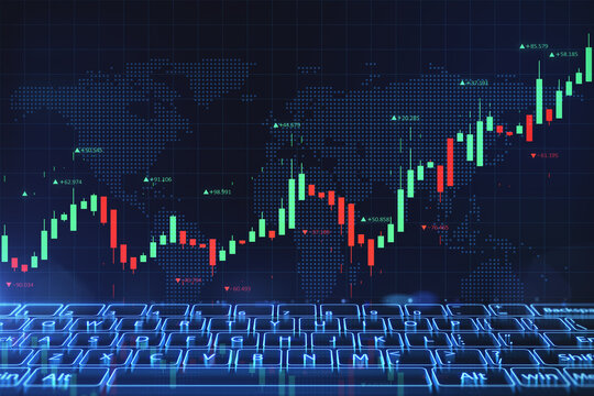 Global Stock Market And Investing Concept With Raising Financial Chart Candlestick On Digital Terminal Screen Of Market Data. 3D Rendering