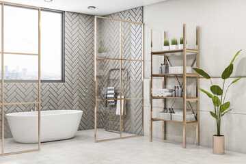 Perspective view on bathroom with city view from the window above white bath, golden towel rail, flower pot with plants and glass partitions with golden decorations. 3D rendering