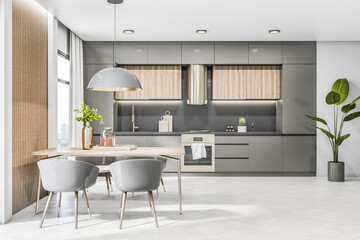 Front view on spacious modern grey kitchen set and furniture, stylish lamp from top, ceramic tale floor, city view from the window and green plant in grey pot. 3D rendering