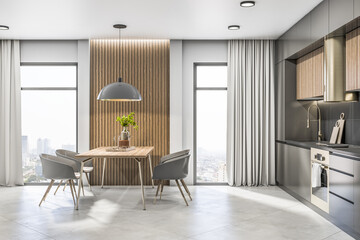 Side view on wooden dining table and grey chairs in sunny stylish kitchen area with ceramic tale floor, great city view from big window and golden round kitchen hood and green tree. 3D rendering