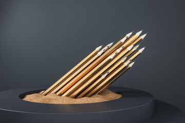 Creativity startup and advertising copywriting agency concept with stack of golden color pencils in abstract black cylinder podium. 3D rendering