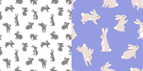 Set of Seamless Patterns with Cute Cartoon Rabbits. Vector Easter Illustration. Texture with Cute Little Bunnies