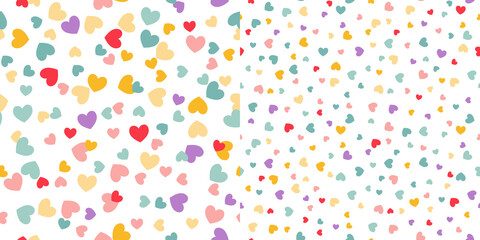 Colorful Hearts Seamless Pattern. Valentines day Background. Love Romantic Theme. Vector Abstract Texture with Small Scattered hearts. Minimalist Design for Wrapping, Fabric, Wedding Decor