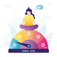 Girl meditating while sitting in lotus position. Female character controls stress levels with meditation