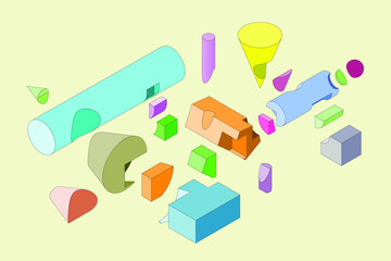 Various geometric shapes in cross section with each other, isometric abstract background.