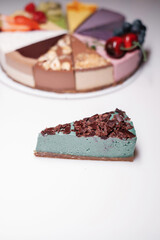 Piece of cake with chocolate. Sweet dessert.