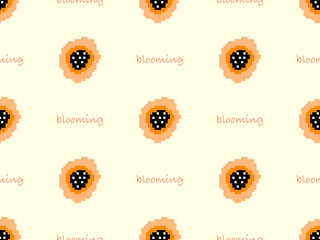 Flower cartoon character seamless pattern on yellow background. Pixel style