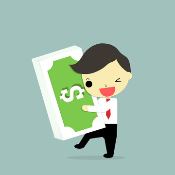 Successful Businessman with a Lot of Money. Money finance success. Make money and save money concept, illustration.