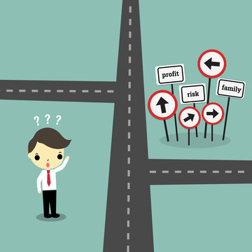 Many directions. Concept of confused business with different directions. Find the way to success concept illustration.