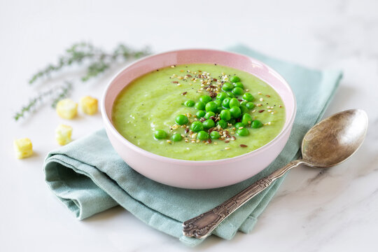 Healthy cream pea soup in a bowl