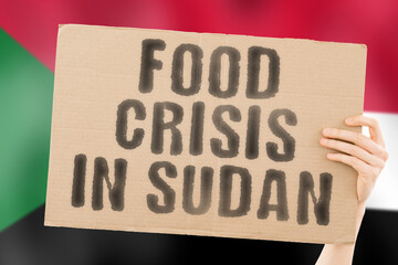The phrase " Food crisis in Sudan " is on a banner in men's hands with a blurred Sudani flag in the background. Crisis. Finance. Life. Nutrition. Bread. Disaster. Collapse. Social issue. Problem