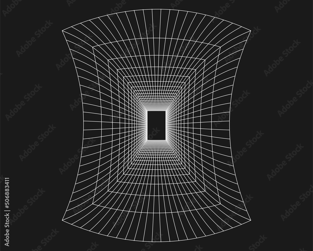 Aufkleber cyber grid, retro punk perspective rectangular tunnel. grid tunnel geometry on black background. vec