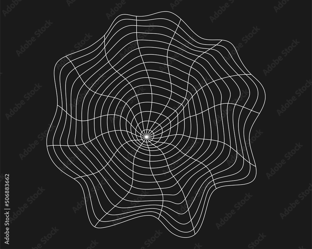 Poster cyber distorted grid, retro punk design element. wireframe wave geometry grid on black background. v