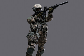 Photo of professional servicewoman aiming rifle dressed in camouflage uniform.