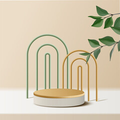 Abstract minimal scene. podium with leaves in clean background for product presentation displays.