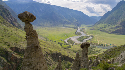 Nature phenomenon and nature miracle Stone Mushrooms rocks in Altai mountains near river Chulyshman. Siberia, Russia