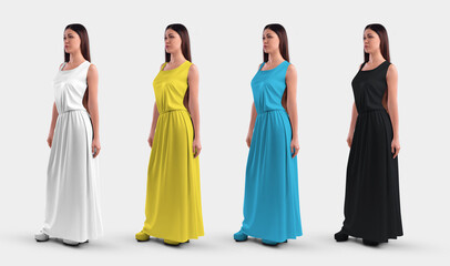 Mockup of a long sundress on the floor on a dark-haired girl in heels, white, black, yellow, blue dress, isolated on the background, front, side view.