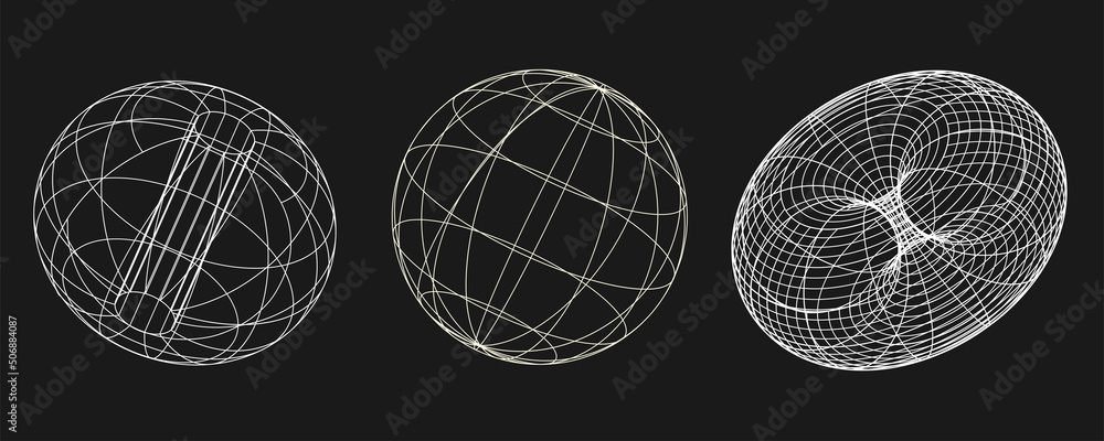 Poster cyber distorted shapes set, retro punk design elements. wireframe wave geometry shape on black backg
