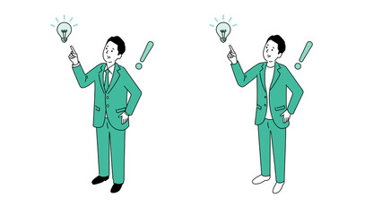 アイデアをひらめく見た目の若い中年男性のイラスト、アイソメトリック、ベクター