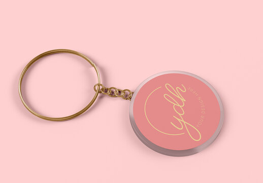 Round Transparent Plastic Keyring and Metal Chain Mockup