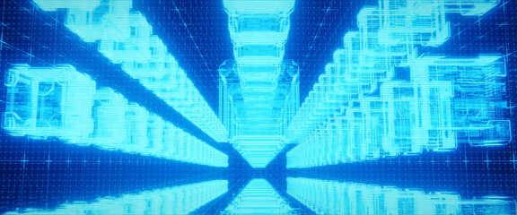 Array of data blocks floating in cyberspace. Blockchain concept. 3D rendering