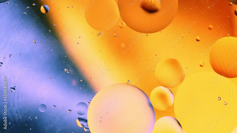 Poster real close up oil bubbles in water rotation with color gradient abstract mixing background.