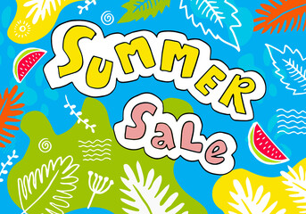 Summer sale banner template with doodle style. An abstract summer with palm leaves and doodle element. Promo badge for your seasonal designs.