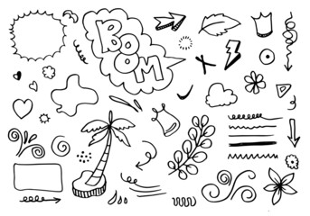 Hand drawn set elements, black on white background. Arrow, heart, love, star, leaf, sun, light, flower, crown, Boom,Swishes, swoops, emphasis ,swirl, heart, for concept design.
