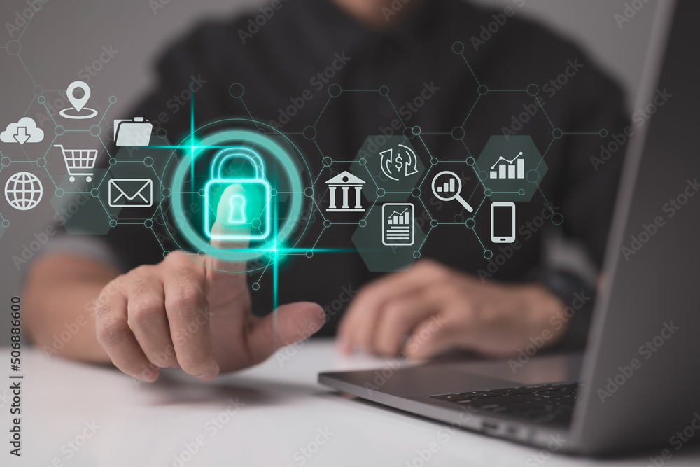Leinwandbilder To secure data, cybersecurity and privacy ideas are used. nternet network security technologies and the lock symbol. A businessman uses virtual screen interfaces to secure sensitive data.