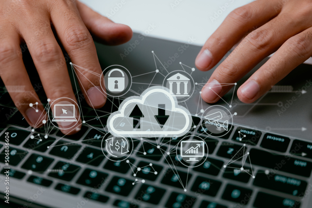 Leinwandbilder A cloud computing diagram is displayed on a laptop in the hands of a man. Networking and internet service principles for data storage in the cloud.