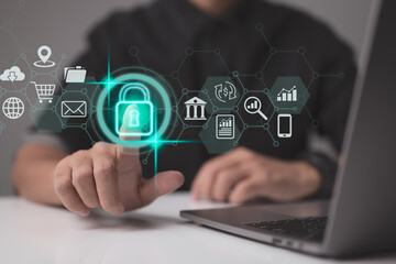 To secure data, cybersecurity and privacy ideas are used. nternet network security technologies and the lock symbol. A businessman uses virtual screen interfaces to secure sensitive data.