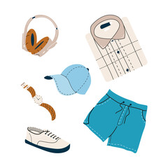 Summer men clothing with shirt, beach shorts, cap, shoes, watch and headphones. Male casual apparel, comfortable outfit. Summertime garments top view. vector illustration isolated on white background